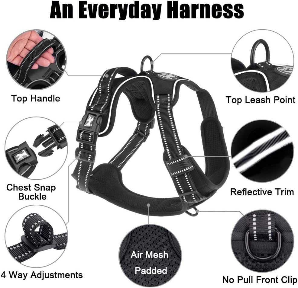 PoyPet No Pull Dog Harness, Reflective Comfortable Vest Harness with Front & Back 2 Leash Attachments and Easy Control Handle Adjustable Soft Padded Pet Vest for Small to Large Dogs (Black,S)