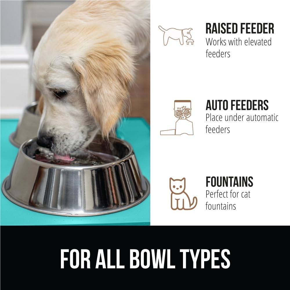 GORILLA GRIP 100% Waterproof Raised Edge BPA Free Silicone Pet Feeding Mat, Dog Cat Food Mats Contain Spills Protects Floors, Placemats for Cats and Dogs Water Bowl, Pets Accessories 16x10, Turquoise
