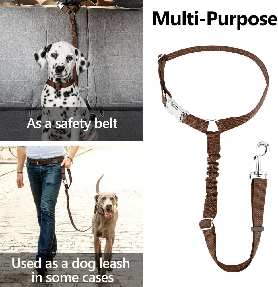 Plutus Pet Dog Seat Belt for Car Headrest, Reflective and Adjustable Restraint with Elastic Bungee for Safety, Vehicle Seatbelt Harness for Small Medium Large Dogs and Cats, Chocolate