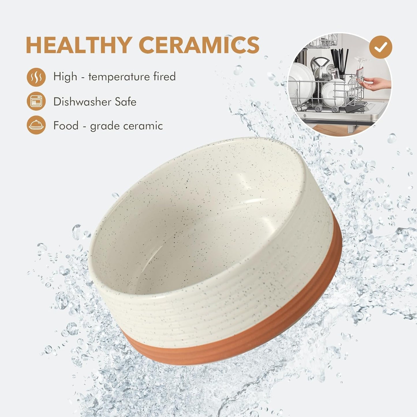 Ceramic 6.1inch Raised Dog and Cat Bowl Set, 2 Heights Elevated Wooden Stand for Small Breed Dogs, Weighted Pet Food and Water Dishes(6.1'',28.7oz, Vanilla White)