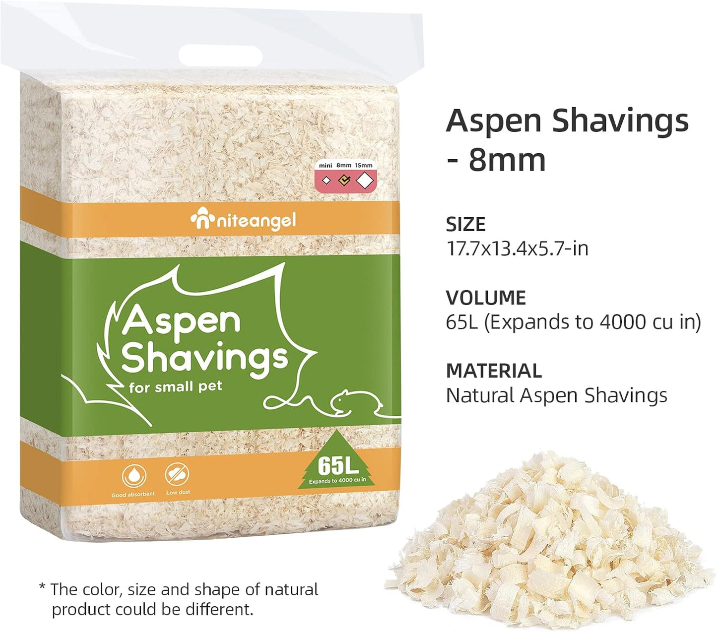 Niteangel Aspen Shaving Hamster Beddings for Syrian Dwarf Hamster Gerbil Mice Degu Rat Rabbit Bunny Guinea Pig Chinchilla Hedgehog or Other Small Pets (65L - 8 mm)