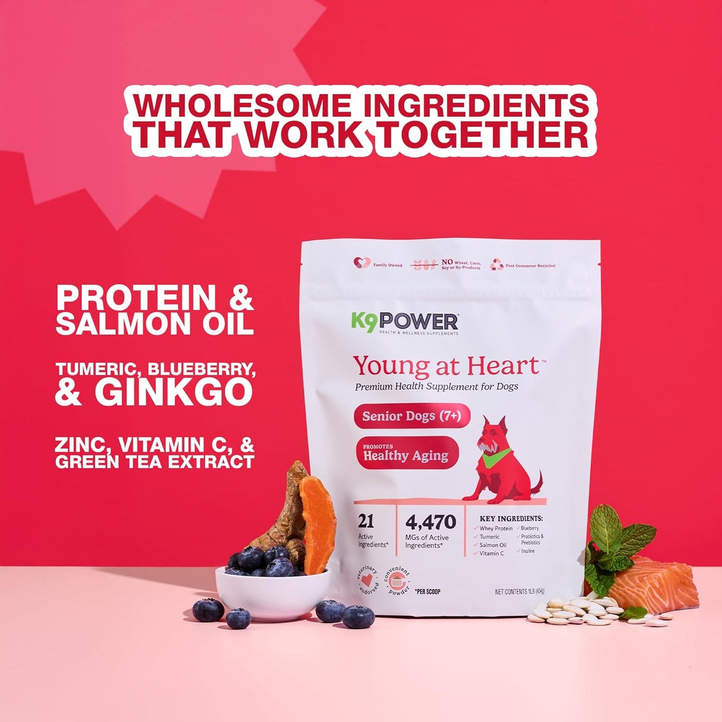 K9 Power Young at Heart Senior Dog Multivitamin 1 lb – Supplement for Brain Heart, Vision & Mobility Support in Senior Dogs - Pack of 2