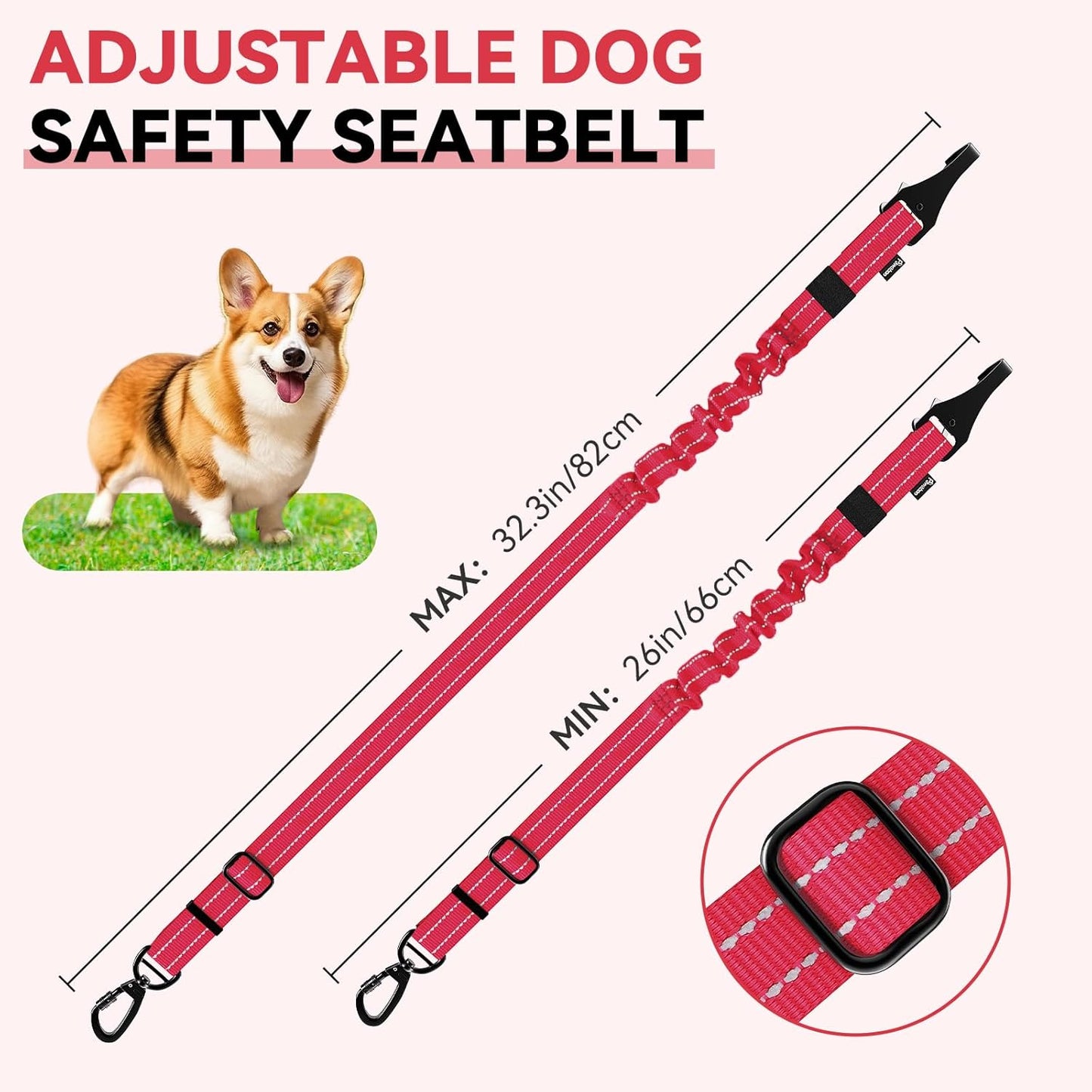Pawaboo 2Pack Dog Seatbelt for Car, 3-in-1 Dog Seat Belt Bungee, Shockproof Dog Car Tether with Buckle & Hook Latch, Adjustable Reflective Dog Car Harness Leash with 360° Lockable Buckle, Red