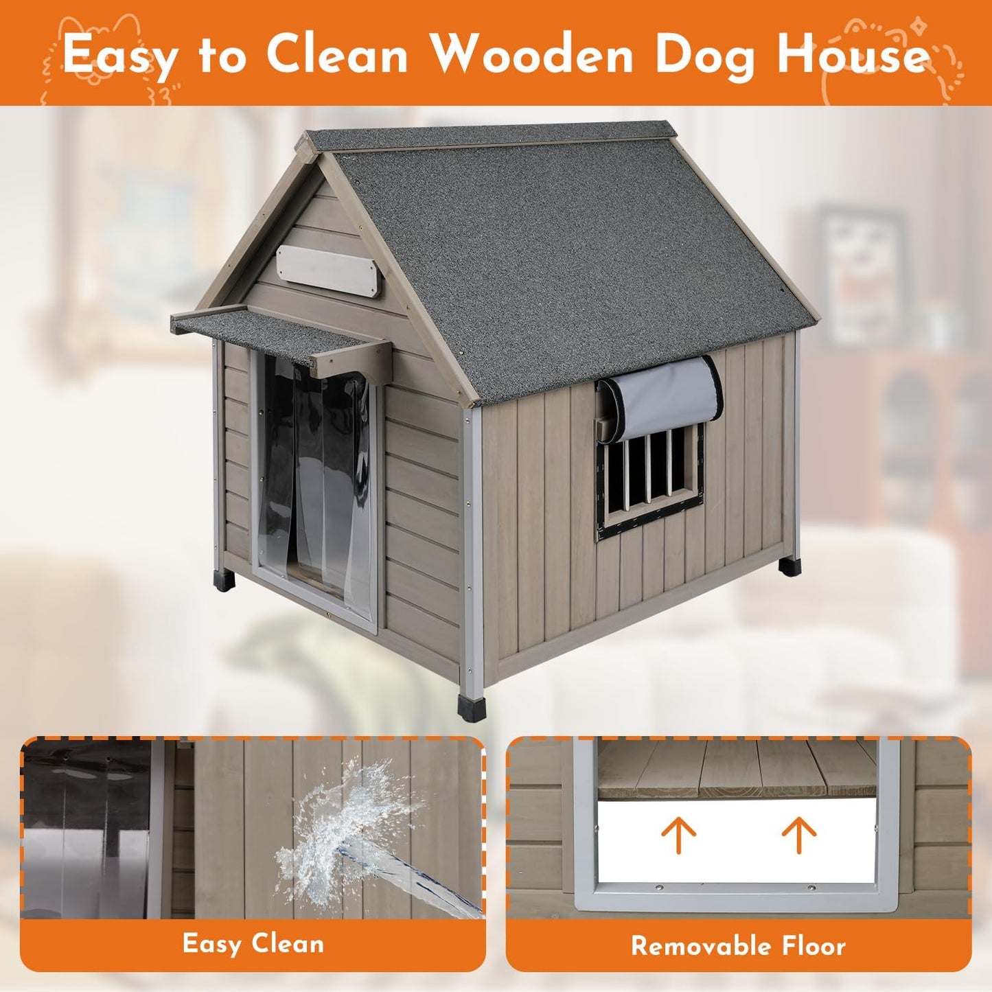 Outdoor Dog House Weatherproof Large Wooden Dog Kennel Indoor for Small Dogs with Chew-Proof Frame, Oxford Fabric Window, Removable Floor Pet Shelter (Grey, 30.5" D x 37.4" W x 39.3" H)