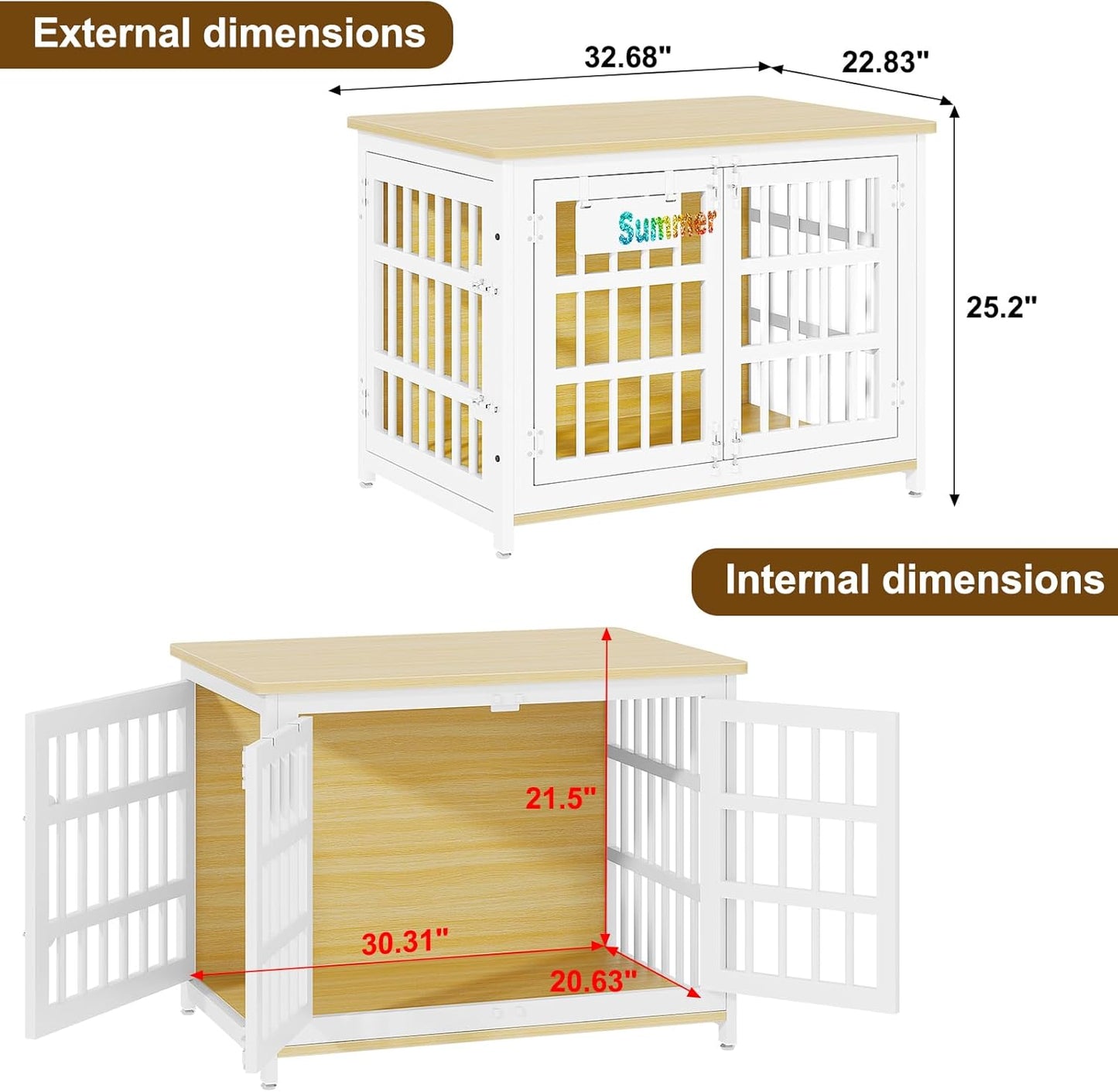 EasyCom 33" Dog Crate Furniture with Name Tag, Heavy Duty Dog Kennel Indoor for Medium and Small Dogs, Double-Doors Sturdy Metal Dog Cage, Decorate House as TV Stand, End Table, Bedside Table