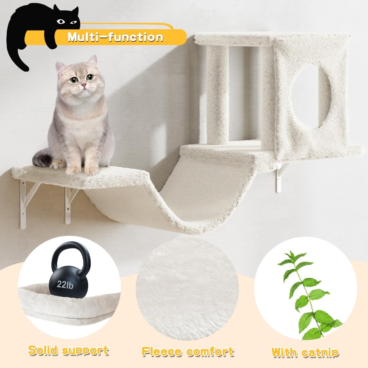 NUNU LAB Cat Wall Shelves, 6 Pcs Luxury Wall-Mounted Cat Climber Set, Indoor Cat Furniture with 1 Condos House, 2 Cat Wall Shelves, 1 Scratching, 1 Bridge Ladder, 1 Scratching Pad, White