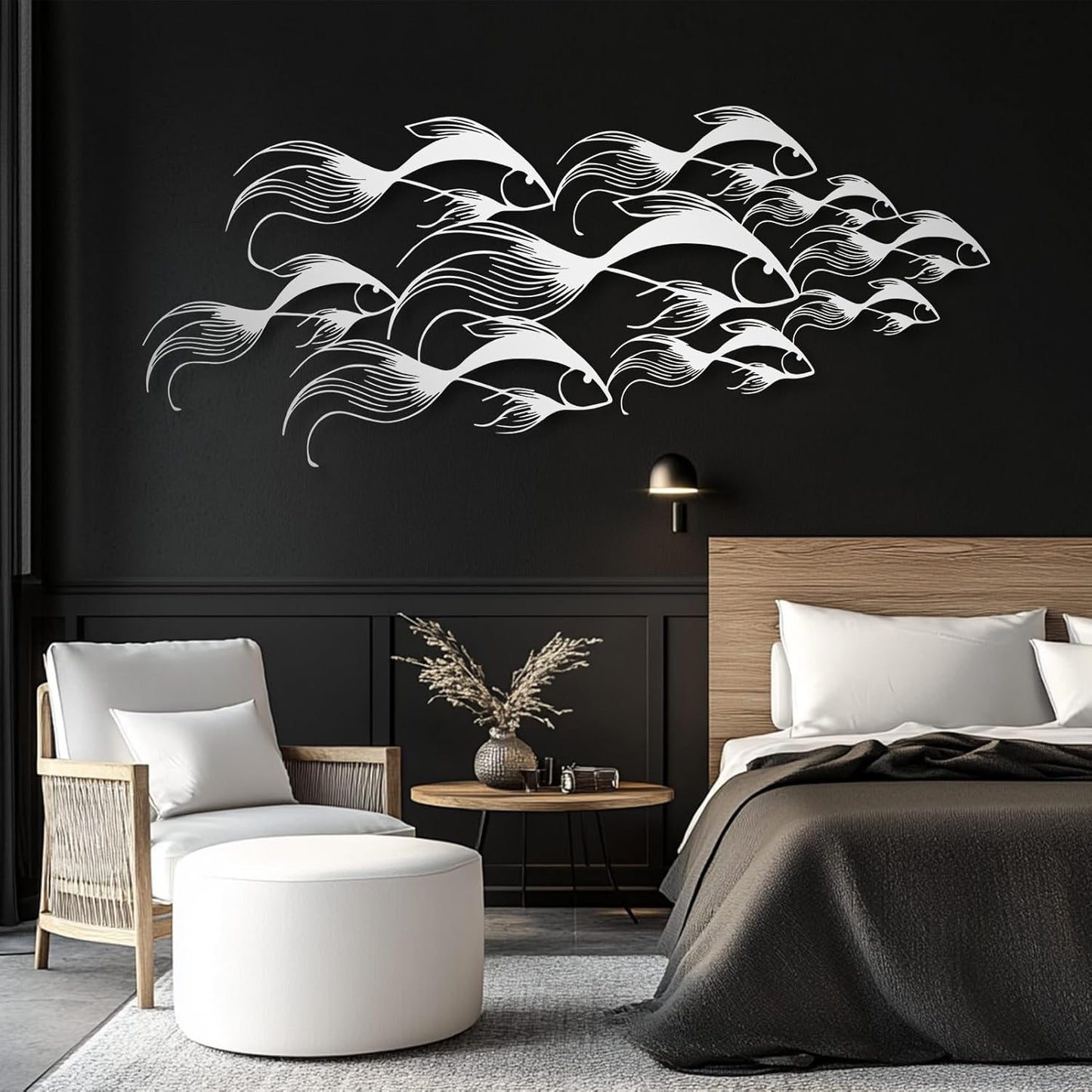 School of Fish Metal Wall Art, Metal Fish Wall Decor, Sea Life Wall Art, Large Nautical Wall Hanging, Modern Beach House Wall Decor, Ocean Themed Artwork for Bathroom (Black, 30"x12" | 76x32cm)