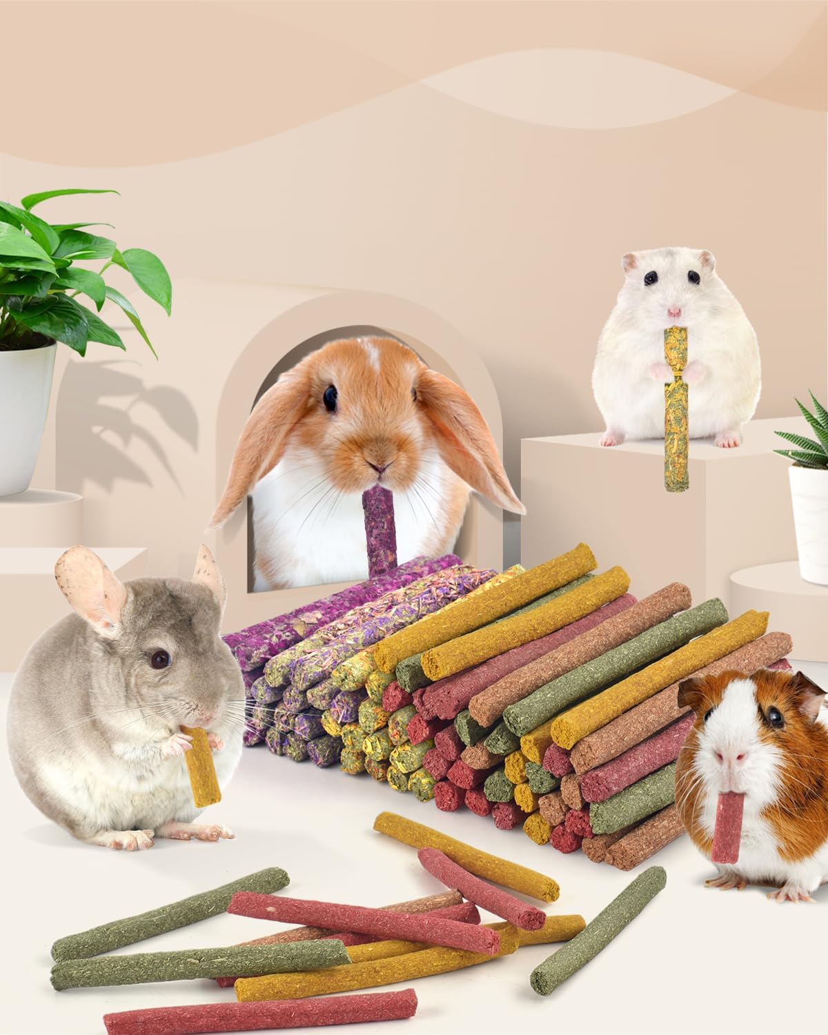 Bissap 72 PCS Rabbit Chew Sticks, Natural Timothy Hay Pumpkin Sugar Beet Carrot Strawberry Rose Dahlberg Daisy Forget-me-not Flower Treat for Bunny Chinchilla Guinea Pig Hamster Small Pet Molar Snack