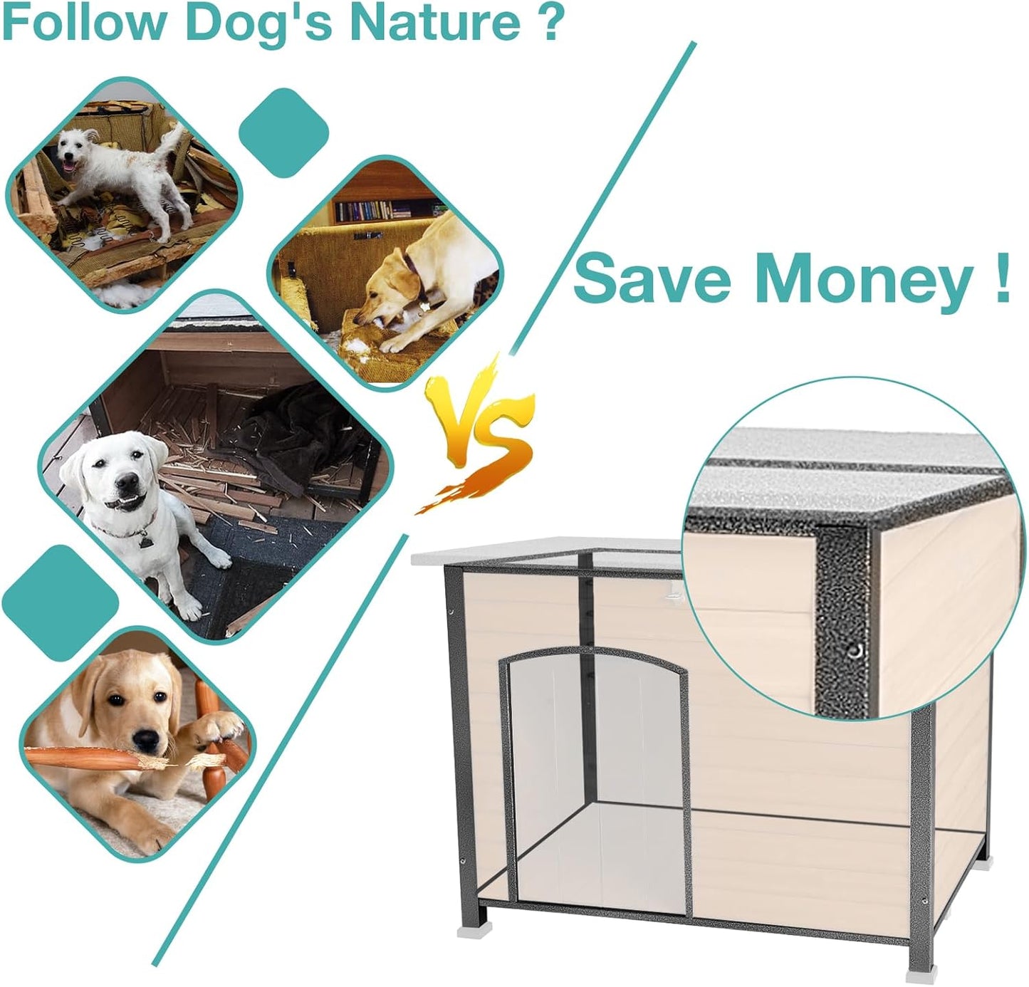 Indoor Outdoor Dog House,Anti-Chewing Iron Frame Dog Kennel,Wood Warm Pets Home,Weatherproof Outside Shelter for Feral Animal 33.5" (L) X 22" (W) X 25.2" (H) Brown