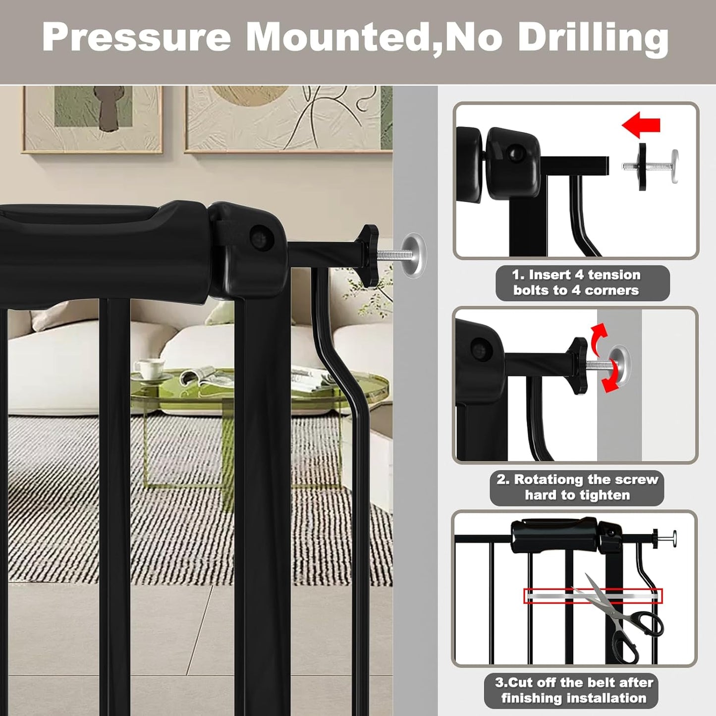Fairy Baby Extra Wide Baby Gate Black 62-67 Inch Wide, Walk Through Pressure Mounted No Drill, Long and Large Tension Gate for Pet and Kids