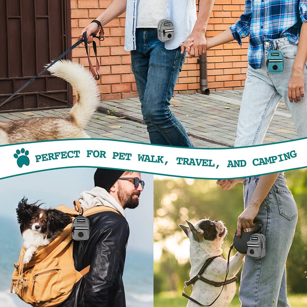 PetAmi Dog Poop Bag Holder for Leash, Dog Pet Waste Bag Dispenser For Poop With Clip, Doggy Puppy Walking Accessories Travel Camping, Dog Treat Pouch Supplies Must Have With Dog Bag Roll, Stripe Black
