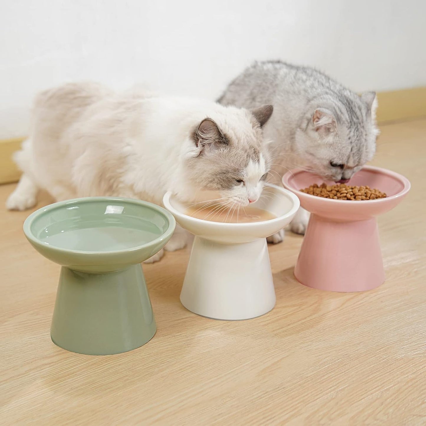 Extra Wide Elevated Ceramic Cat Bowl, 6.2" Shallow Dish for Whisker Fatigue Relief, 5" Height for Easy Feeding, Durable Raised Cat Food Bowls, Pack of 2, Blue