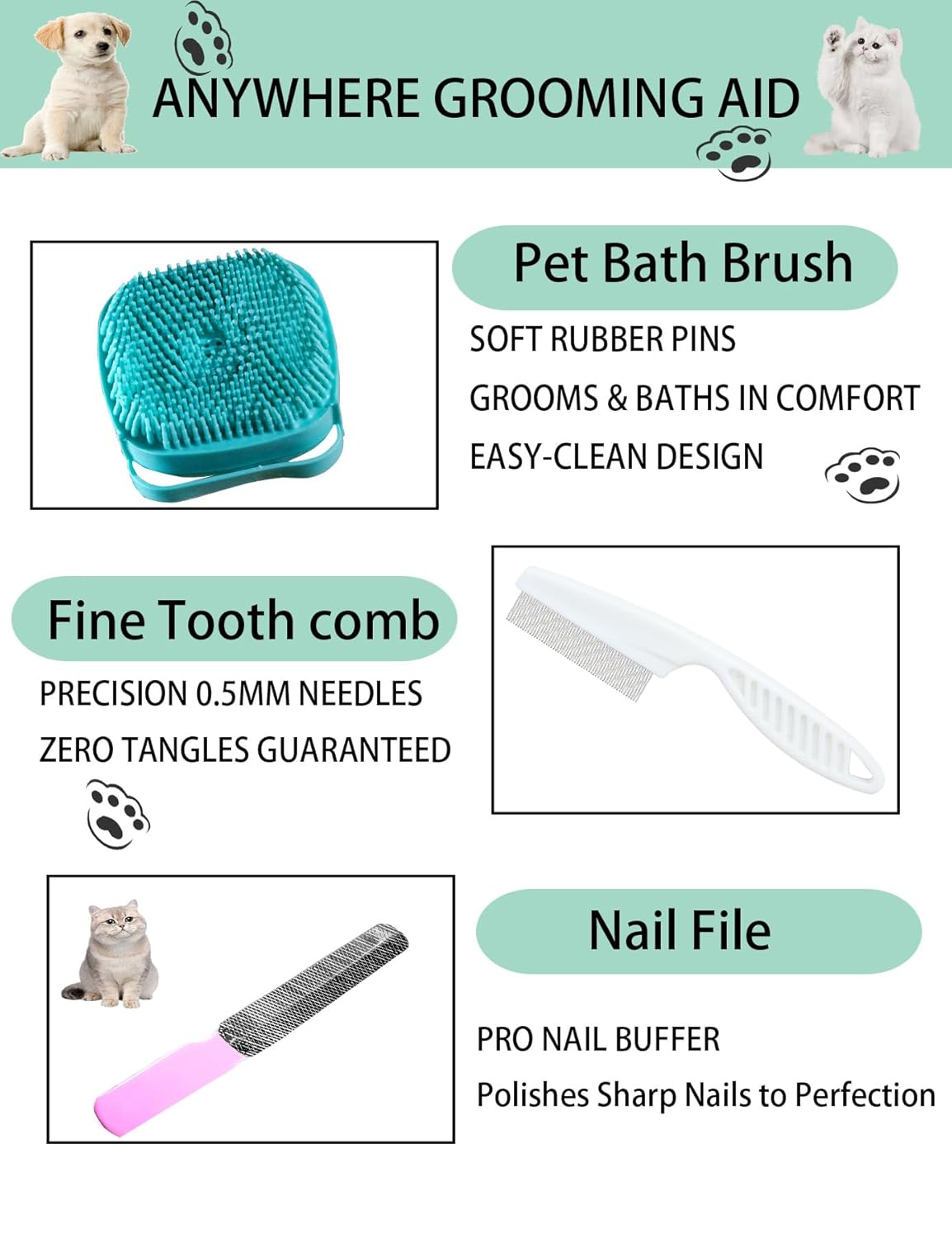 6ps Dog Cat Brush Grooming Kitf, Dog Cat Brushes, Bath Brush, Dematting Rake and Comb, Nail Clipper, Nail File, Flea Comb (Pink 6 Kits)