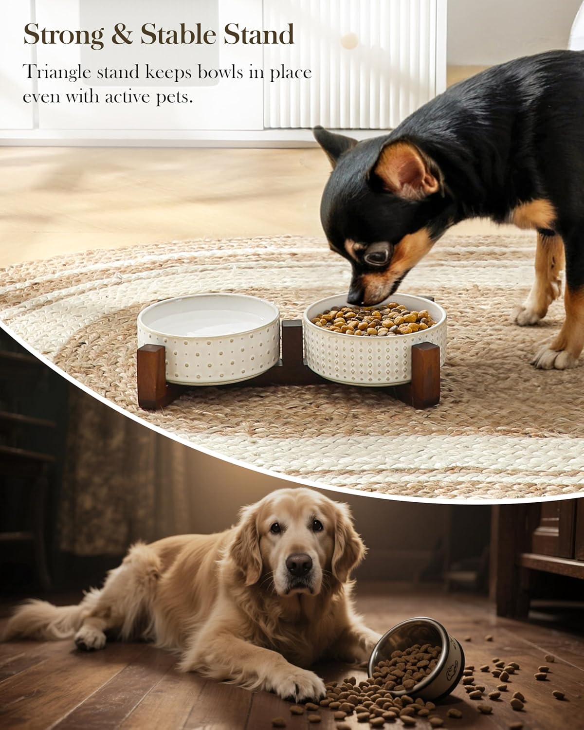 MALACASA Dog Bowl Set with Walnut Wood Stand, 1.5 Cups Ceramic Pet Bowls for Puppy Dogs, Dual Food and Water Bowls with Weighted Non-Slip Base, Basic Bowls for Your Dog or Cat, Rhombic & Polka Dots