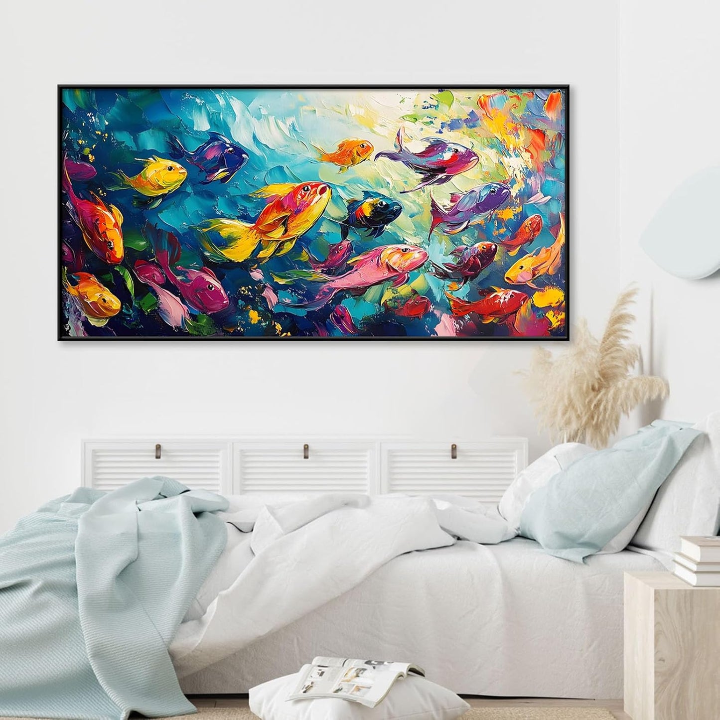 School of Fish Printed Canvas Wall Art – Framed Abstract Ocean Print – Vibrant Fish Wall Decor for Living Room, Bedroom, Office (Gold Framed, 24"x12"|60x30cm)