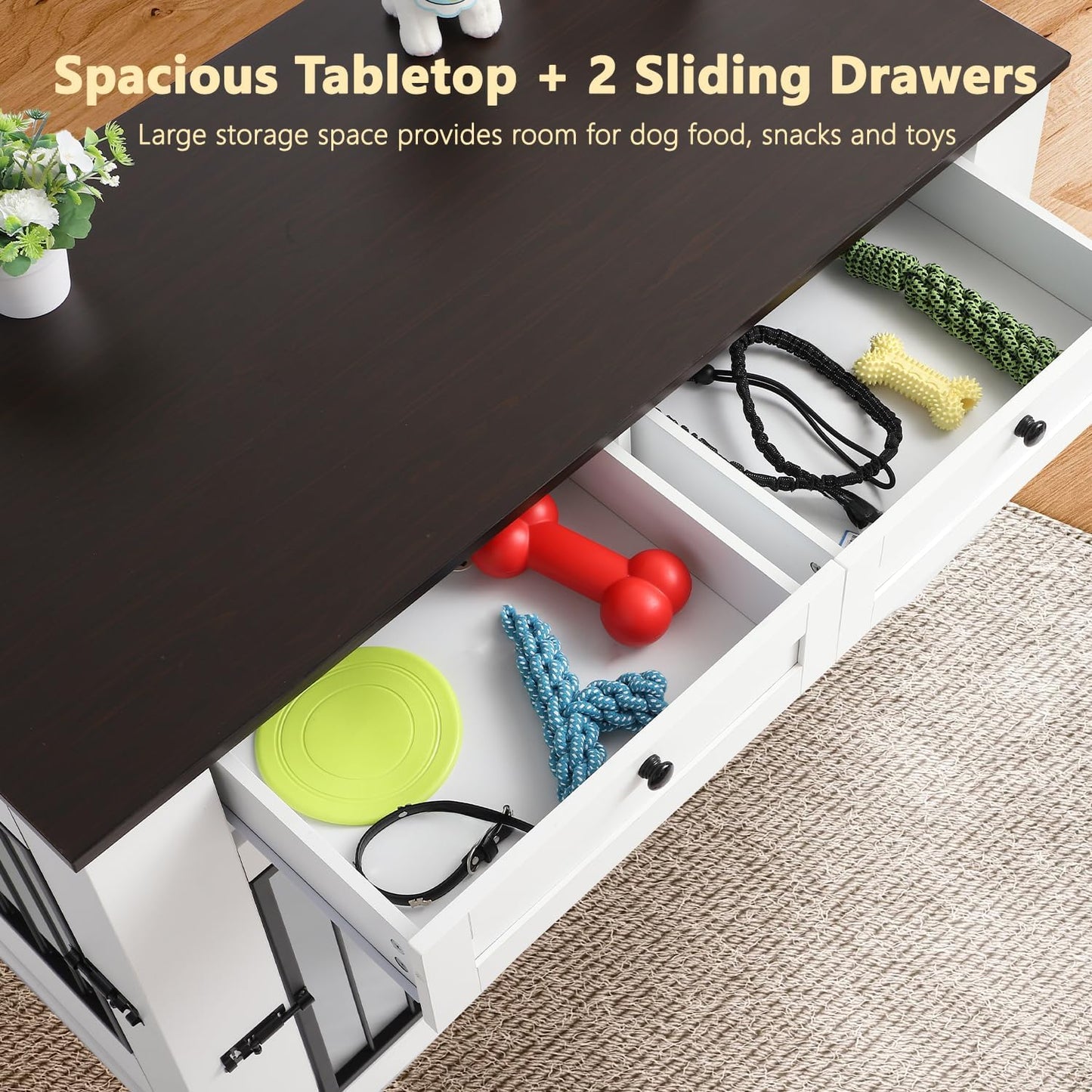 Large Dog Crate Furniture-Decorative Heavy Duty Dog Cage Indoor, Wooden Dog Cage End Table with Charging Station, Dog House with 2 Drawers (White, 47.2''L)