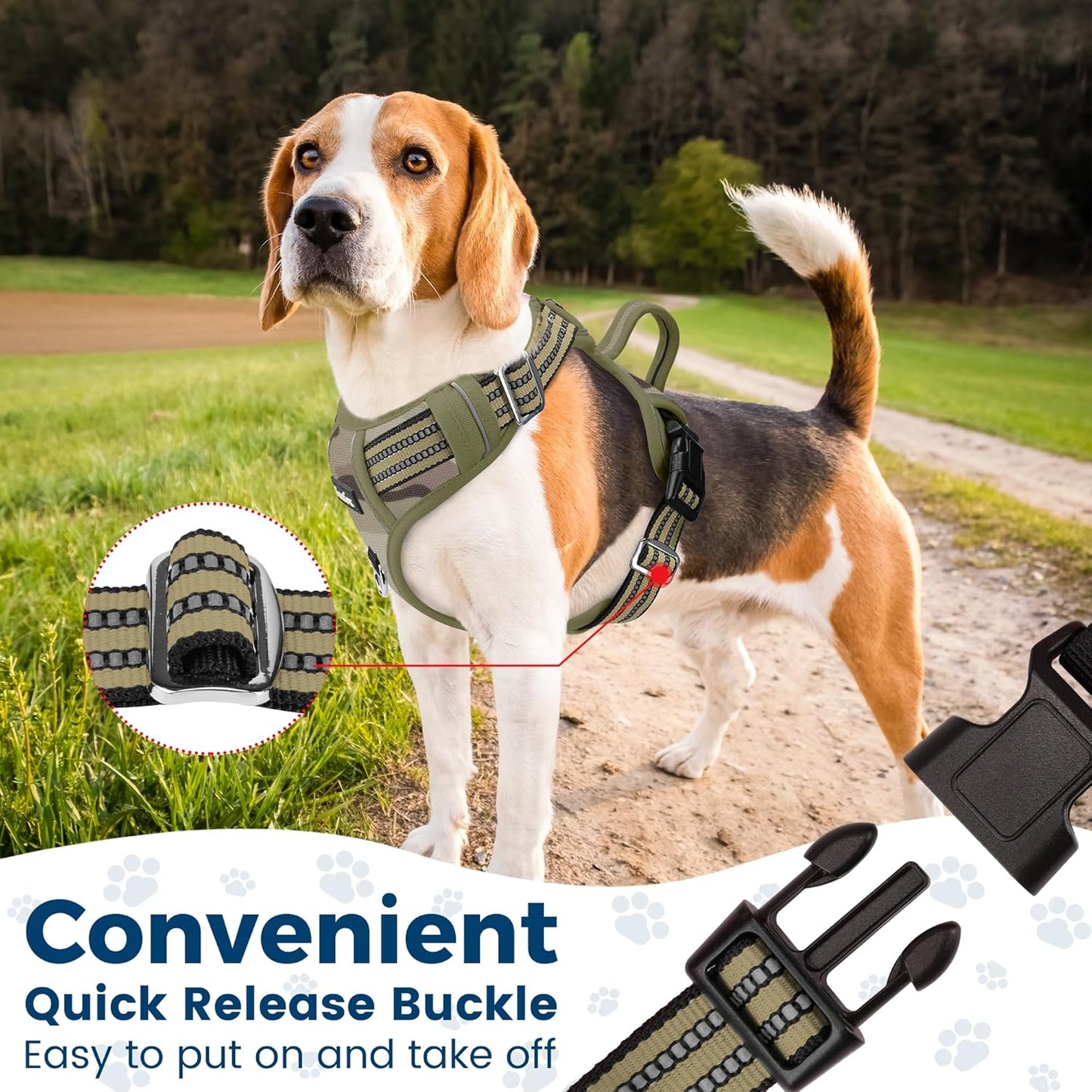 Funfox Dog Harness No Pull, Adjustable Pet Vest Harness, Super Soft Material with Vertical Handle Easy Control, Reflective Night Walking, 2 Leash Clips for Large Dogs, Camo Green, L