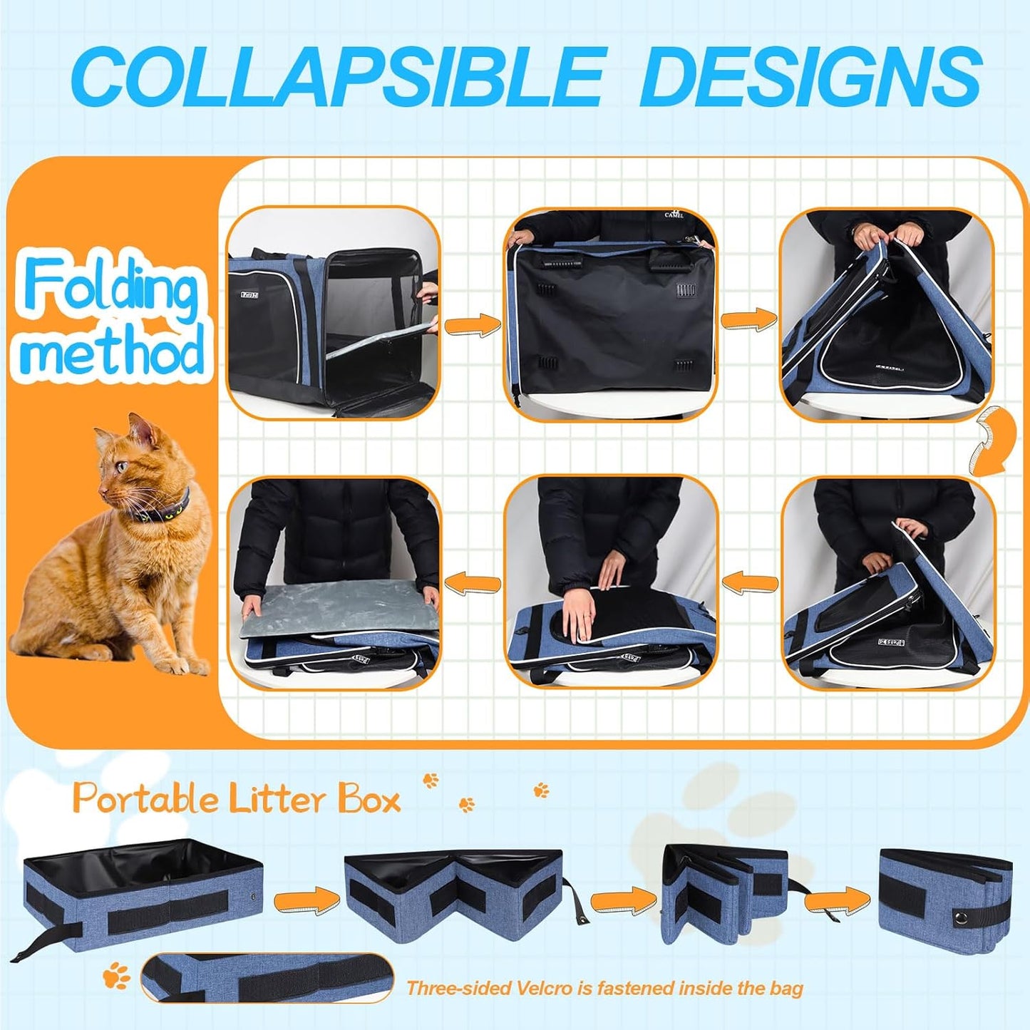 Petskd Extra Large Cat Carrier with Litter Box 24"x17"x17" for Medium Large Cat or 2 Small Cats, Collapsible Soft Sided Pet Carrier for Car Travel with Lockable Safety Zippers(Blue)