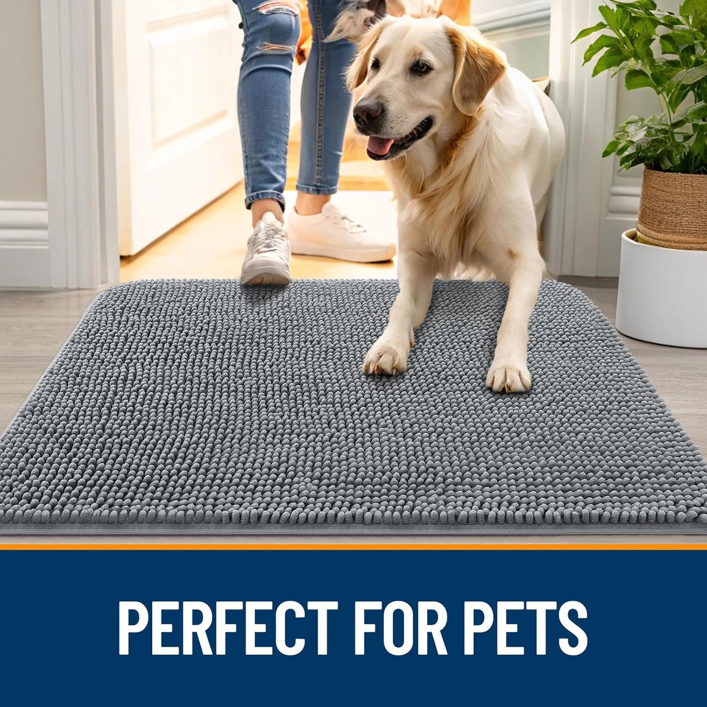 OLANLY Dog Door Mat for Muddy Paws 59x24, Absorbs Moisture and Dirt, Absorbent Non-Slip Washable Doormat, Quick Dry Chenille Mud Mat for Dogs, Entry Indoor Entryway Carpet for Inside Floor, Grey