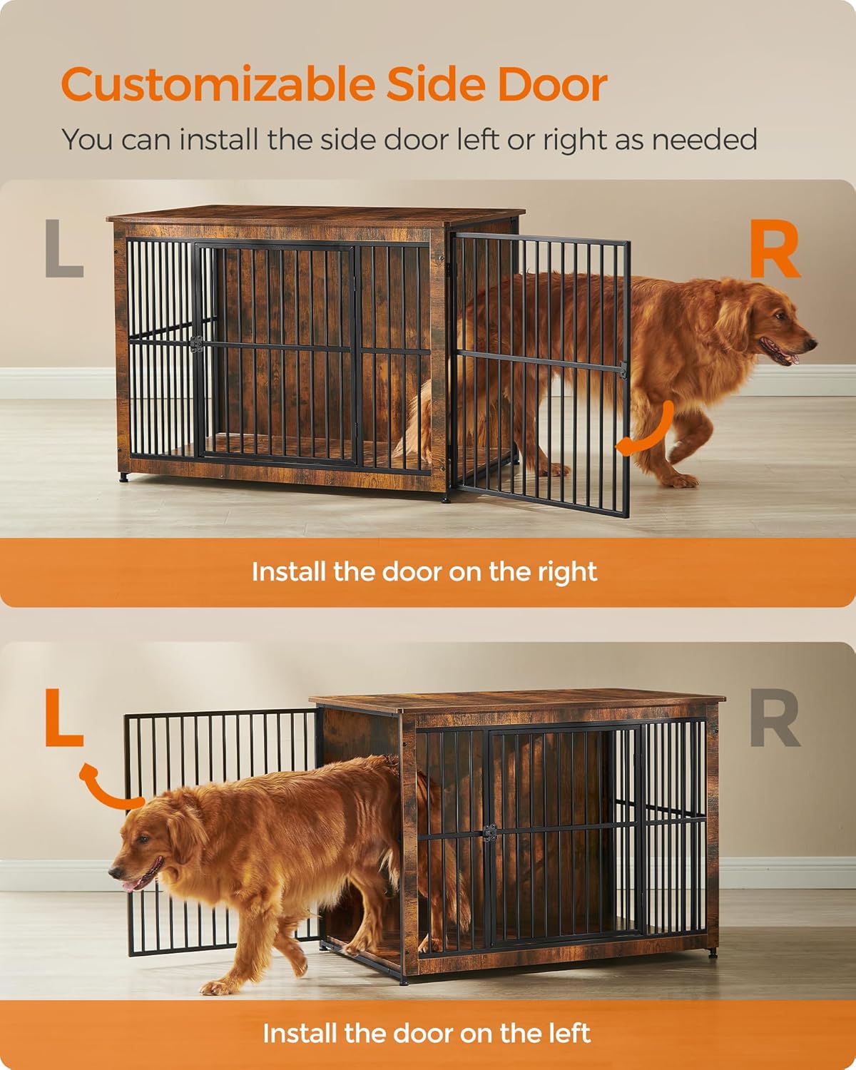 Feandrea Dog Crate Furniture, 43.3" Side End Table, Modern Kennel for Dogs Indoor up to 80 lb, Heavy-Duty Dog Cage with Enclosed Base, Double-Door Dog House, Rustic Brown UPFC024X01