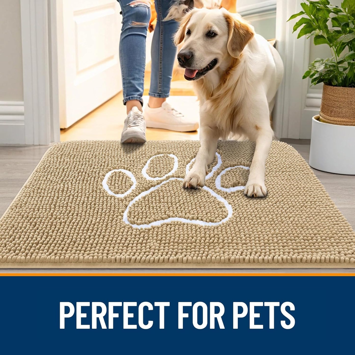 OLANLY Door Mat for Muddy Dog Paws 24x16, Ultra Absorbent Chenille Mud Doormat with Paw Print Design, Non-Slip Washable Doormat for Indoor Entryway, Quick-Dry Pet Bed Mats for Dirty Dogs, Beige