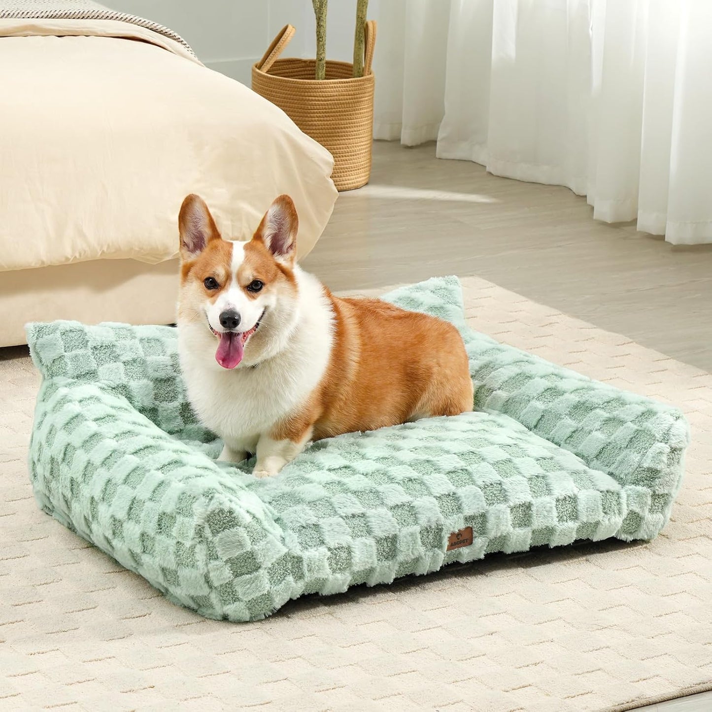 Cat Bed Cat Couch for Puppy and Kitten, Fluffy Pet Sofas Medium Dog Sofa Bed, Supportive Cats Sofa for Indoor Cats, Washable Cover & Non-Slip, 32 inch, Green