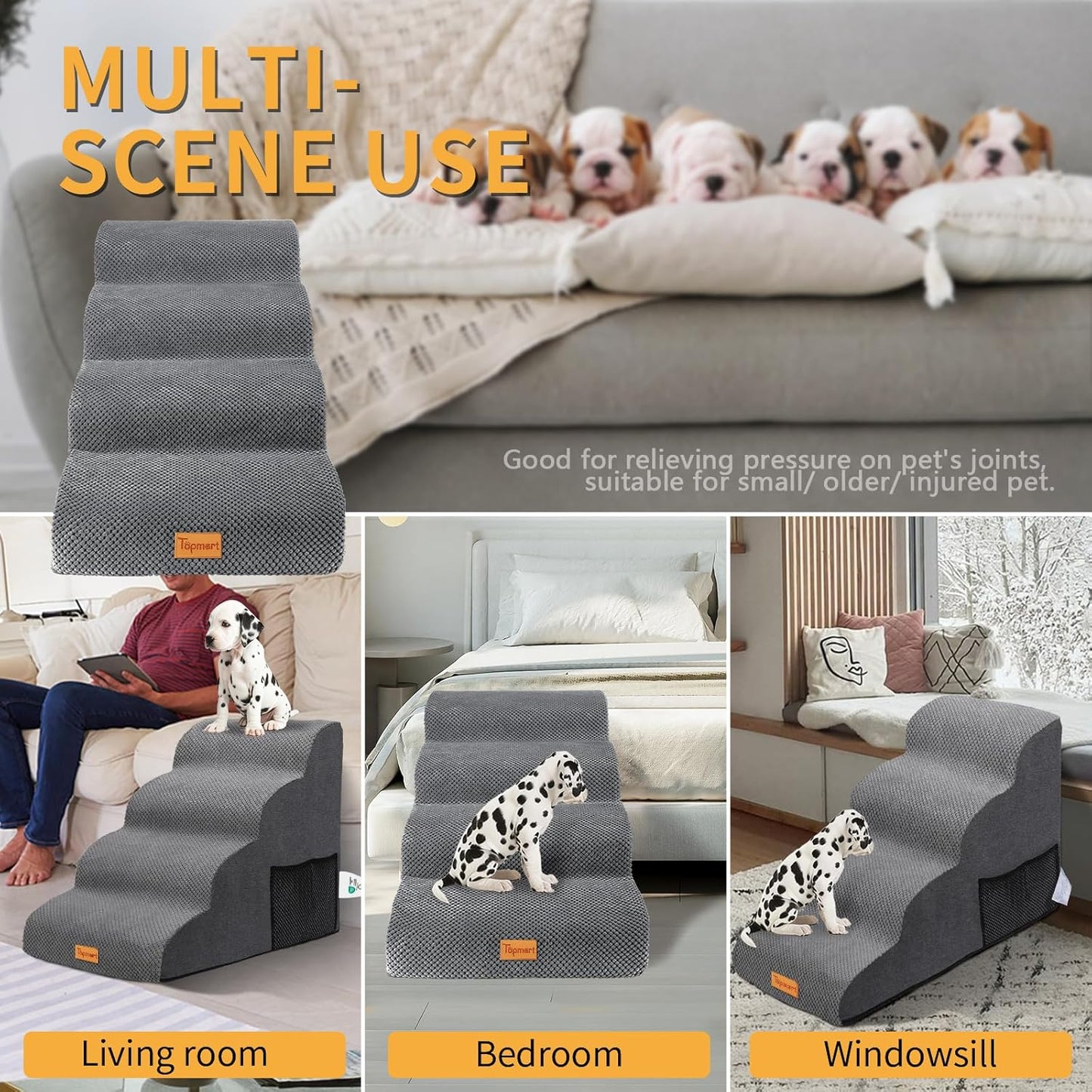 Topmart High Density Foam Dog Steps 4 Tiers,Extra Wide Deep Pet Steps,Non-Slip Dog Stairs Ramp for Bed,Soft Foam Cat Ladder,Best for Older Injured,Older Pets,Cats with Joint Pain