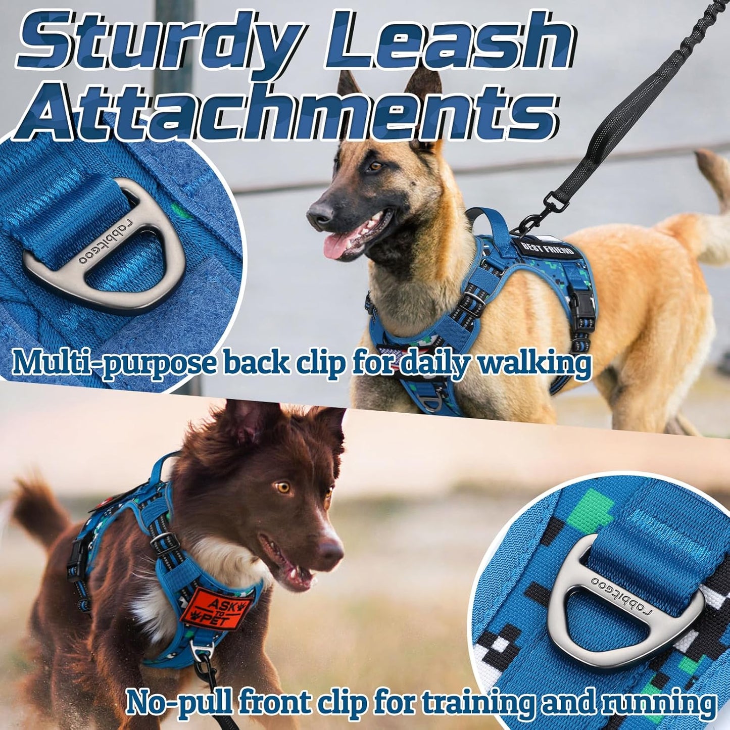 rabbitgoo Tactical Dog Harness Medium Sized Dog, No Pull Military Service Vest with Handle & Molle, Easy Control for Training Walking, Adjustable Reflective Straps, Blue Camo, M