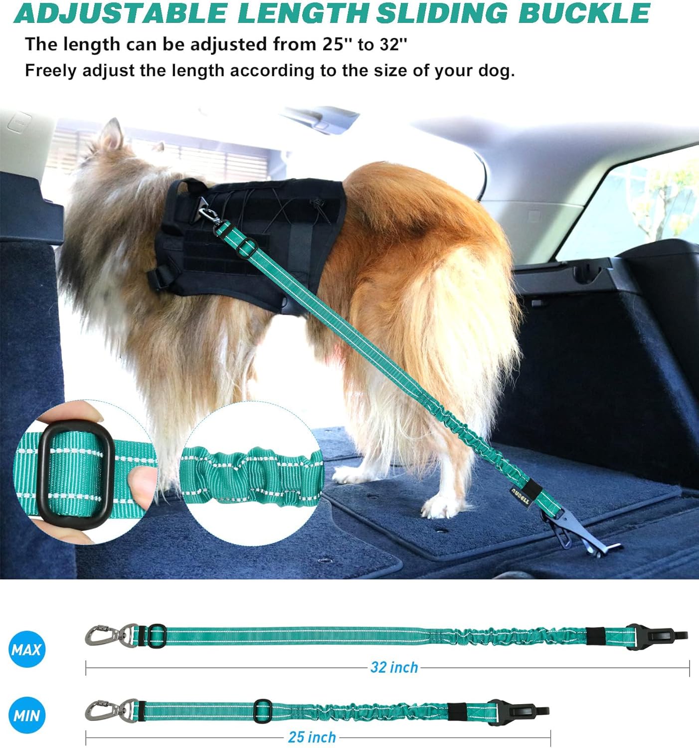 AUBELL Dog Seat Belt for Car,2 Pack Set 3-in-1 Adjustable Reflective Bungee Heavy Duty Dog Car Harness Tether with Clip Hook Latch & Buckle,Swivel Zinc Alloy Carabiner,Black+Teal