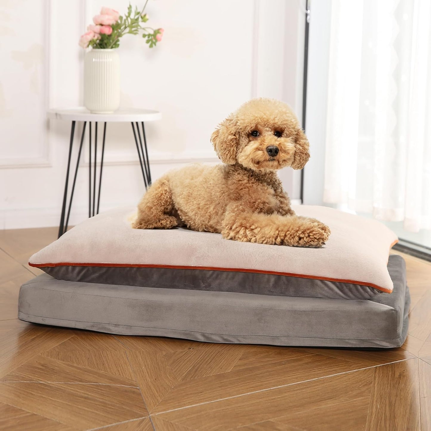 Amazon Basics Dog Bed with Cooling Gel Memory Foam, Pressure-Relief Support for Dogs up to 50lbs, Non-Slip Bottom, Machine Washable Cover, Large Sized (36" x 27"), Grey