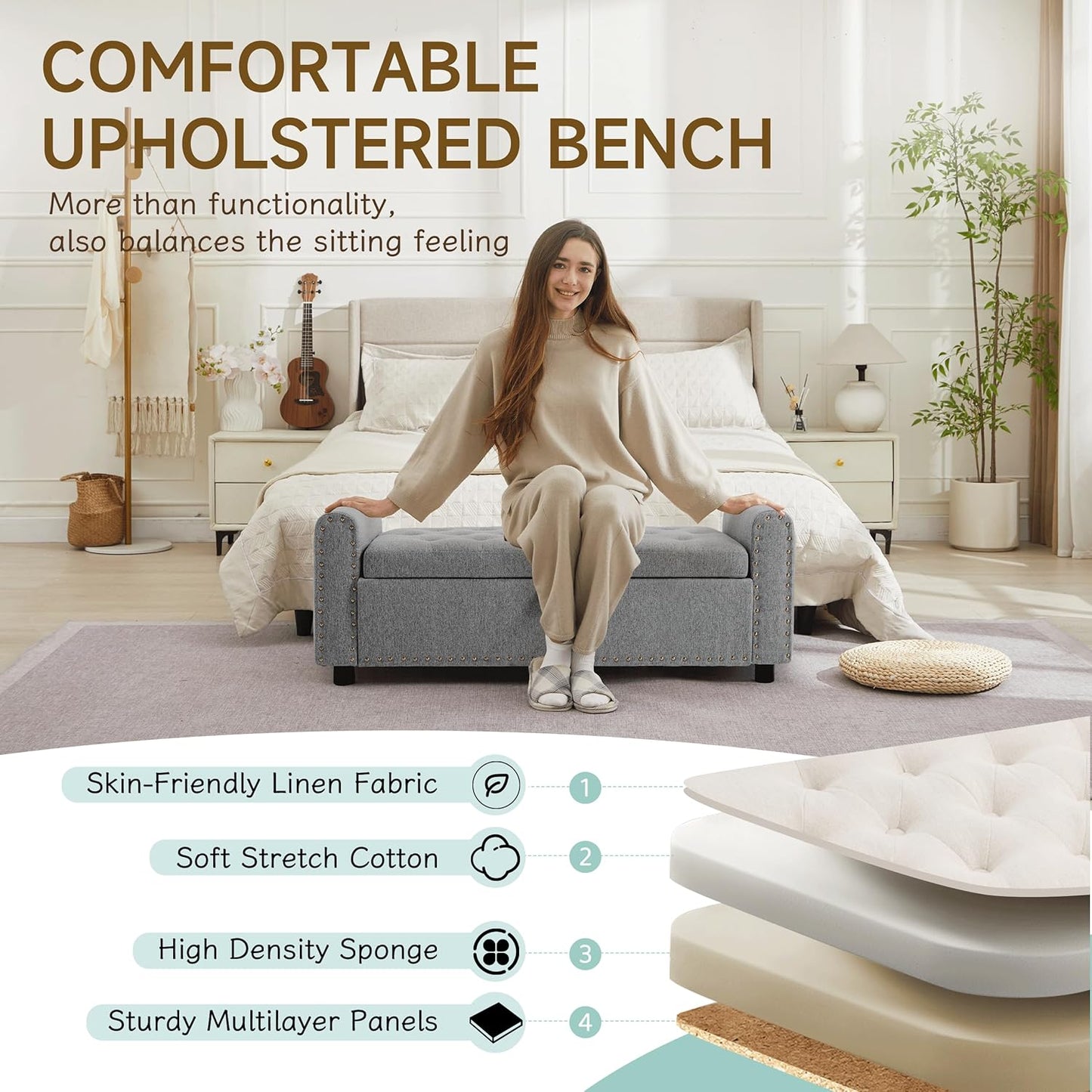 Ottoman with Storage, Tufted Storage Bench for Bedroom, 48" Fabrics End of Bed Bench, Upholstered Entryway Shoe Benches with Rolled Arm & Inner Zipper, Window Ottomans Chest with Rivets, Drak Grey