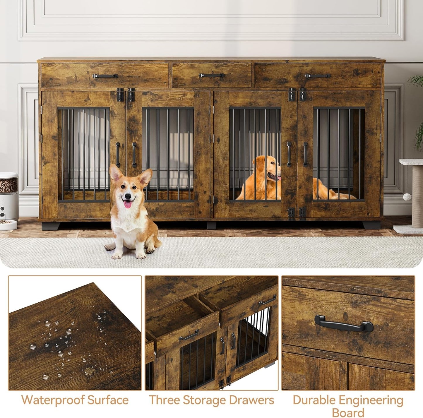 Dog Crate Furniture for 2 Dogs, 71 in XXL Indoor Dog Kennel with 3 Drawers and Removable Room Divider, Wooden Double Dog Crate TV Stand End Table with Double Doors for Large Medium Dogs, Rustic Brown