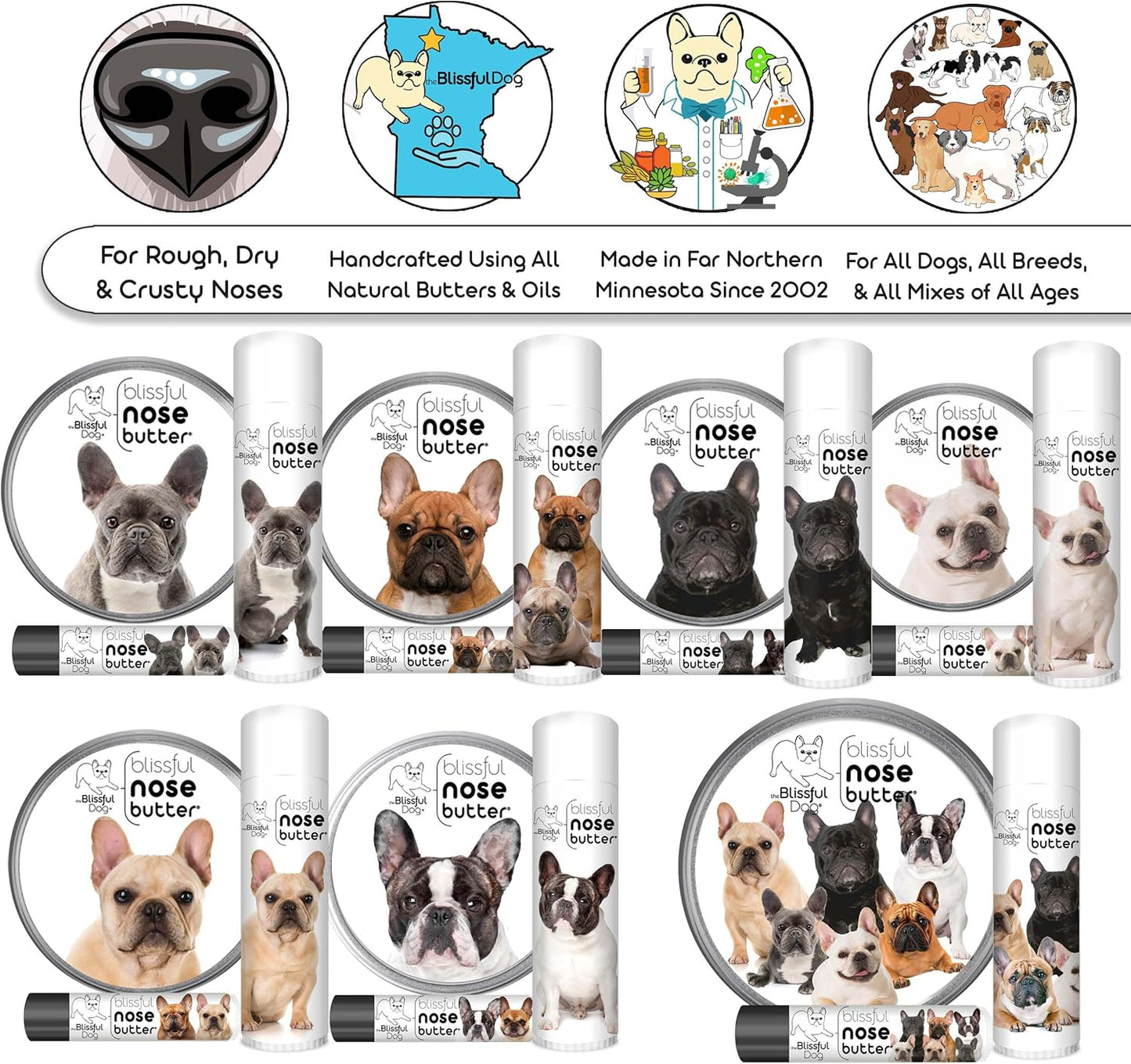 The Blissful Dog French Bulldog Pied Nose Butter for Dry, Cracked Skin, Lick-Safe Dog Nose Balm with Moisturizing Shea Butter, Almond, Olive, and Essential Oils, Pet Supplies, Uncented, 2 oz.