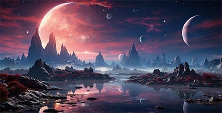 24X12IN Cosmic Spaceterrarium Background, Cool Parallel Space Themed Aquarium Reptile Habitat Background, Red Moon Aquarium Background with 10EVA Double-Sided Tape