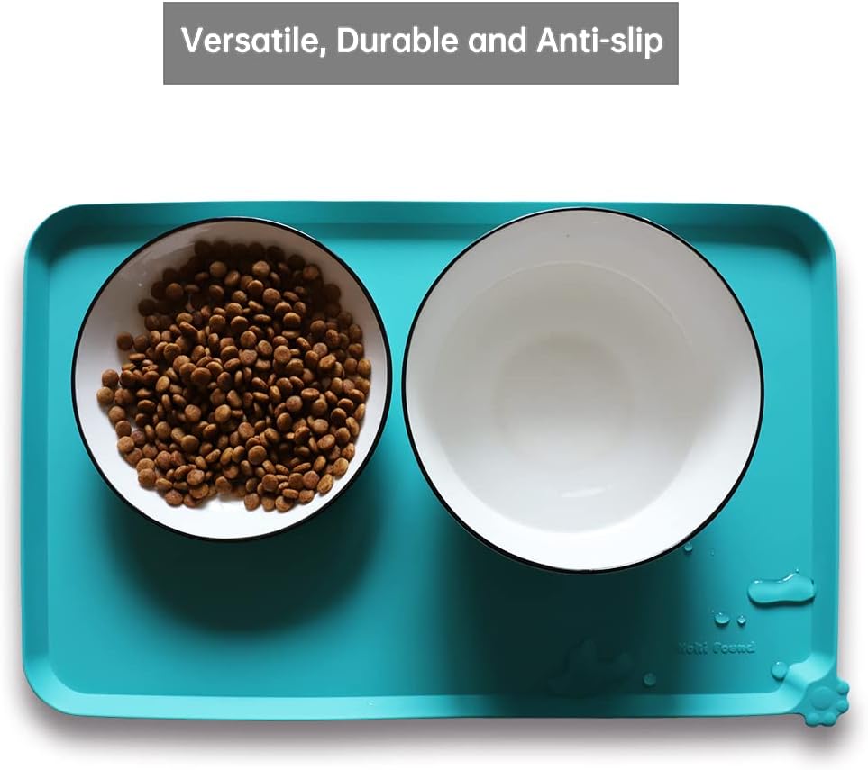Hoki Found Silicone Non Slip Pet Feeding Mats - Dog Cat Bowl Placemats - Waterproof Food Mats for Floors - Teal