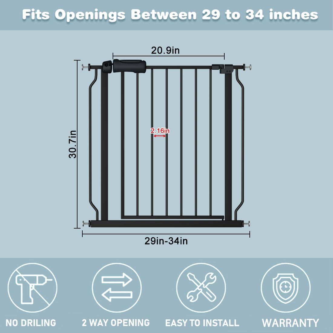 Black Baby Gate 29-34 Inch Wide Walk Through Pressure Mounted Safety Gate with Door No Drill Tension Metal Gate for Dog Cat and Toddler