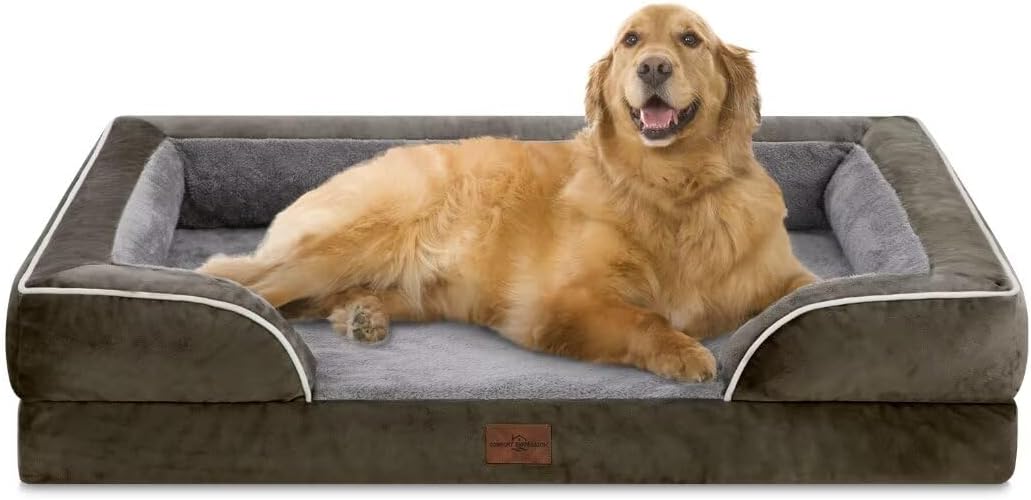 Comfort Expression XL Dog Bed for Extra Large Dogs, Waterproof Orthopedic Foam Dogs Beds with Bolster, Washable Dog Sofa Pet Bed with Removable Cover & Non-Slip Bottom(X-Large,Dark Green)