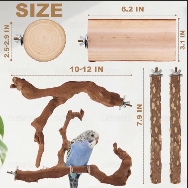 Parrot Perch Bird Perch Stand Set Natural Wild Wood Grape Sticks Paw Grinding Fork Parakeet Climbing Standing Branches Toys Cage Accessories for Conure,Cockatiels Lovebirds,Budgies Chewable 6PC