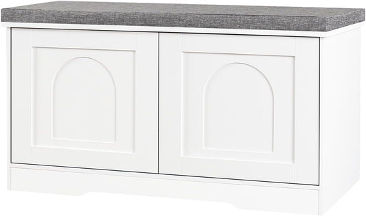 DINZI LVJ Shoe Bench, Entryway Storage Bench with Doors, Cushion, 2-Tier Shoe Rack with 6-Cubby, 31.5”L x 13.8”W Shoe Organizer Cabinet, Adjustable Shelf, Living Room, Bedroom, White