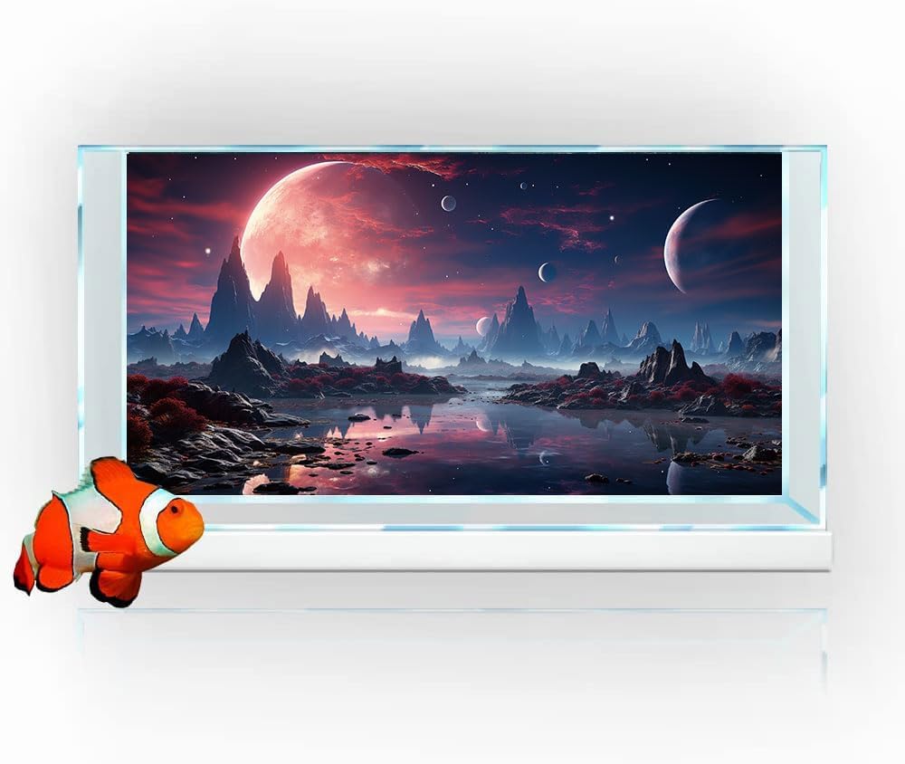 30X12IN Cosmic Spaceterrarium Background, Cool Parallel Space Themed Aquarium Reptile Habitat Background, Red Moon Aquarium Background with 10EVA Double-Sided Tape