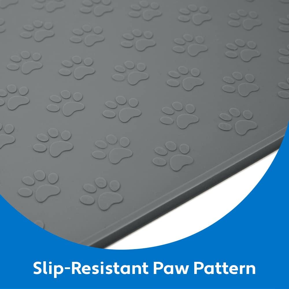 MIGHTY MONKEY 100% Waterproof Dog Food Mat, Raised Edges Silicone Pet Feeding Placemat for Cat, Dogs, Pet Bowls, High Lipped Tray Prevents Water Spills, Food on Floor, Dishwasher Safe, 24x16, Gray