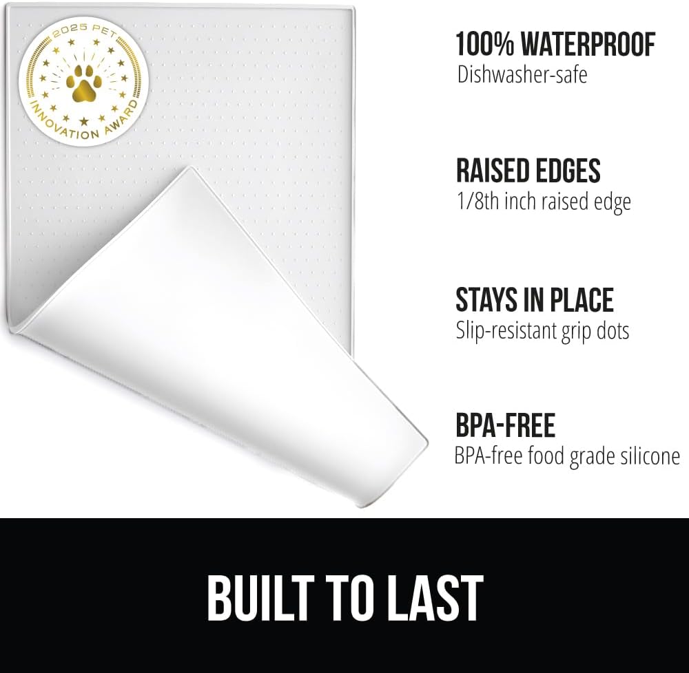 GORILLA GRIP 100% Waterproof Raised Edge BPA Free Silicone Pet Feeding Mat, Dog Cat Food Mats Contain Spills Protects Floors, Placemats for Cats and Dogs Water Bowl, Pets Accessories 18.5x11.5 White
