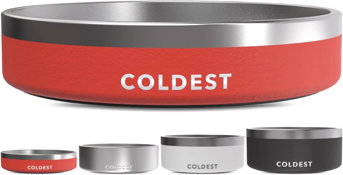 Coldest Dog Bowl - Anti Rust Metal, Non Slip, 3 Layers Insulated Stainless Steel Dog Bowls - Spill Proof & Heavy Duty - Water Bowl for Dogs, Cats & Pets, Dish Washer Safe (21 oz, Red)