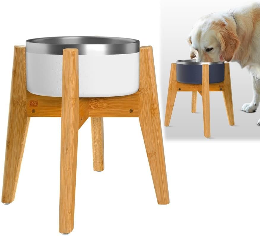 Dog Bowl Stand (14-inch High) - Ideal for Large Breeds, Use to Elevate, Raise Pet Dishes, Water Fountains and Slow Feeders - Adjustable Sideways, Bamboo - (Bowls not Included)