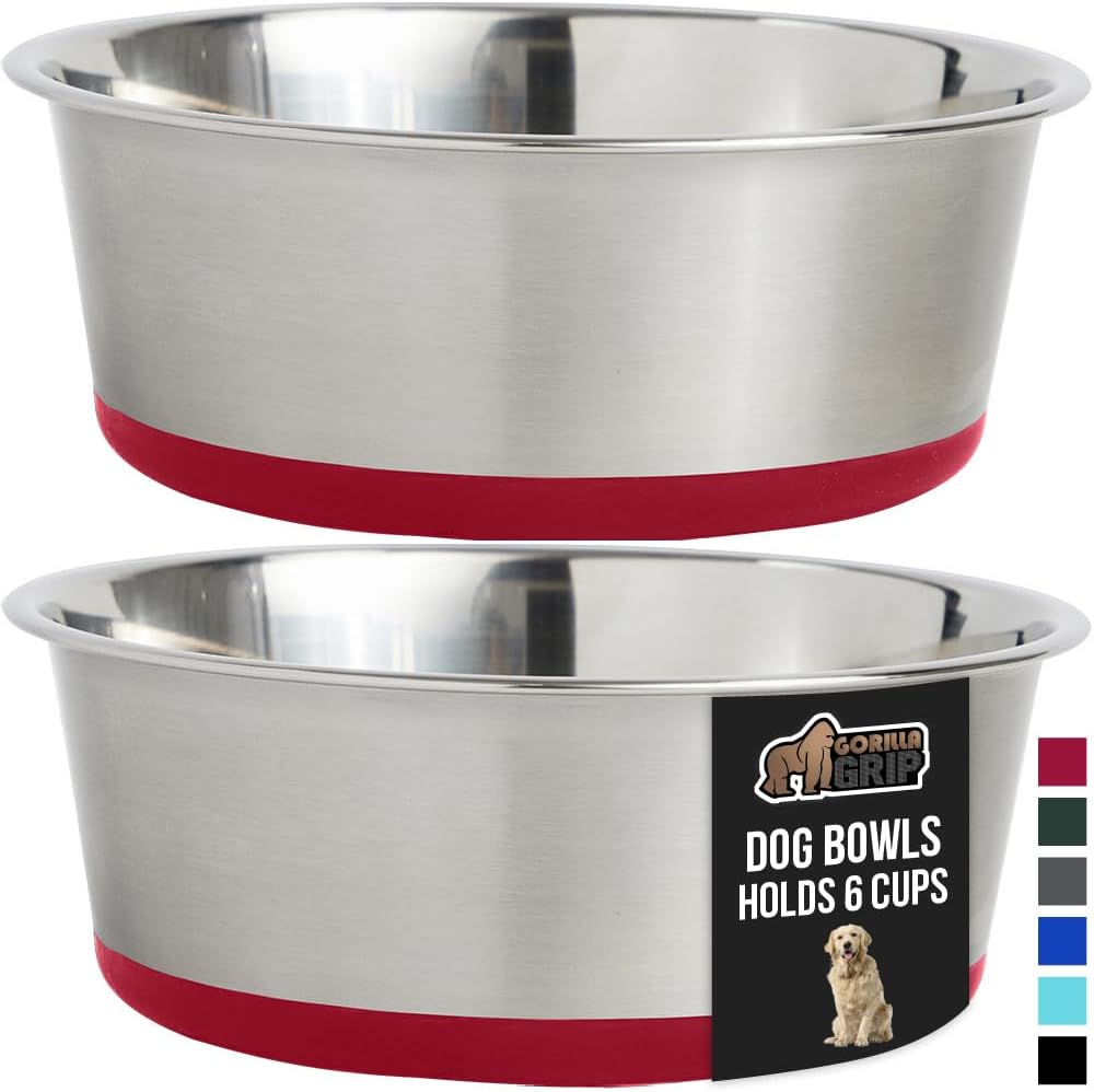 GORILLA GRIP Set of 2 Dog Bowls, Holds 6 Cups (48 fl oz), Heavy Duty Metal Food and Water Bowl for Feeding Dogs and Cats, Dishwasher Safe, Rust Resistant Stainless Steel, BPA Free Rubber Base, Red