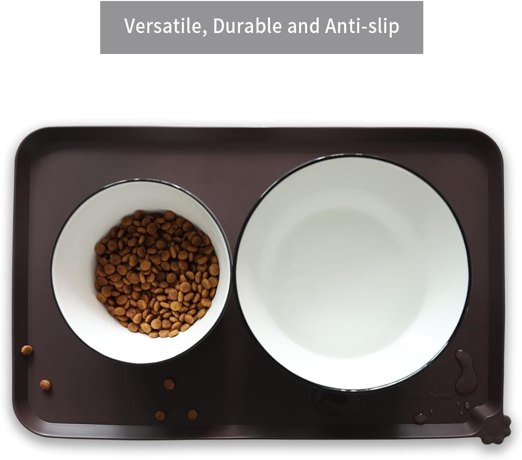 Hoki Found Silicone Pet Food Mats Tray - High-Lips Pet Dog Cat Bowl Mats - Pet Feeding Mat - Waterproof Dog Cat Food Mats -Pet Water Mats for Floors - Dark Oak