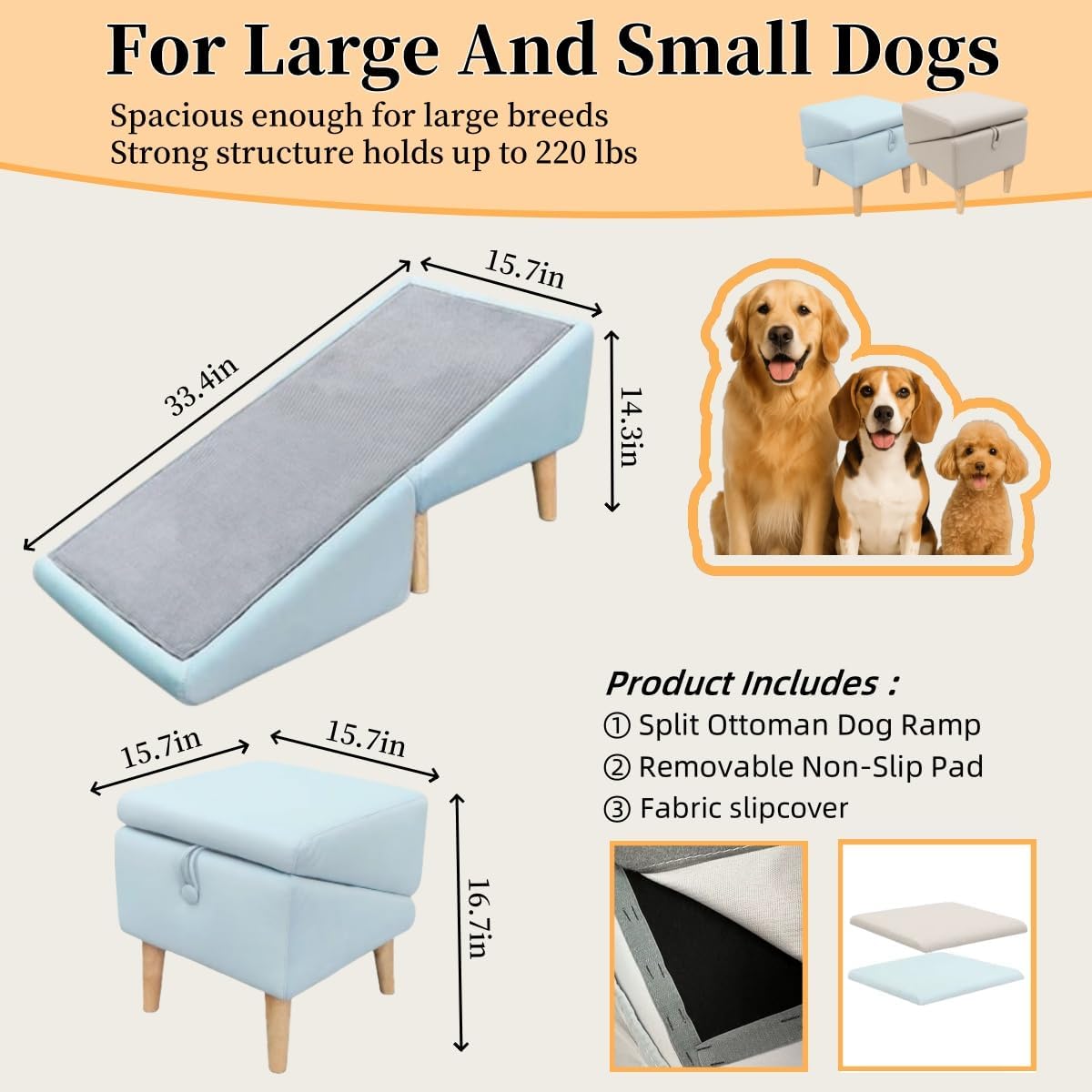 Split Ottoman Dog Ramp, Folding Pet Ramps Stairs for Couch, Pet Ramps Stairs for Small and Large Dogs, Holds up to 220 lbs (Beige, One Size)