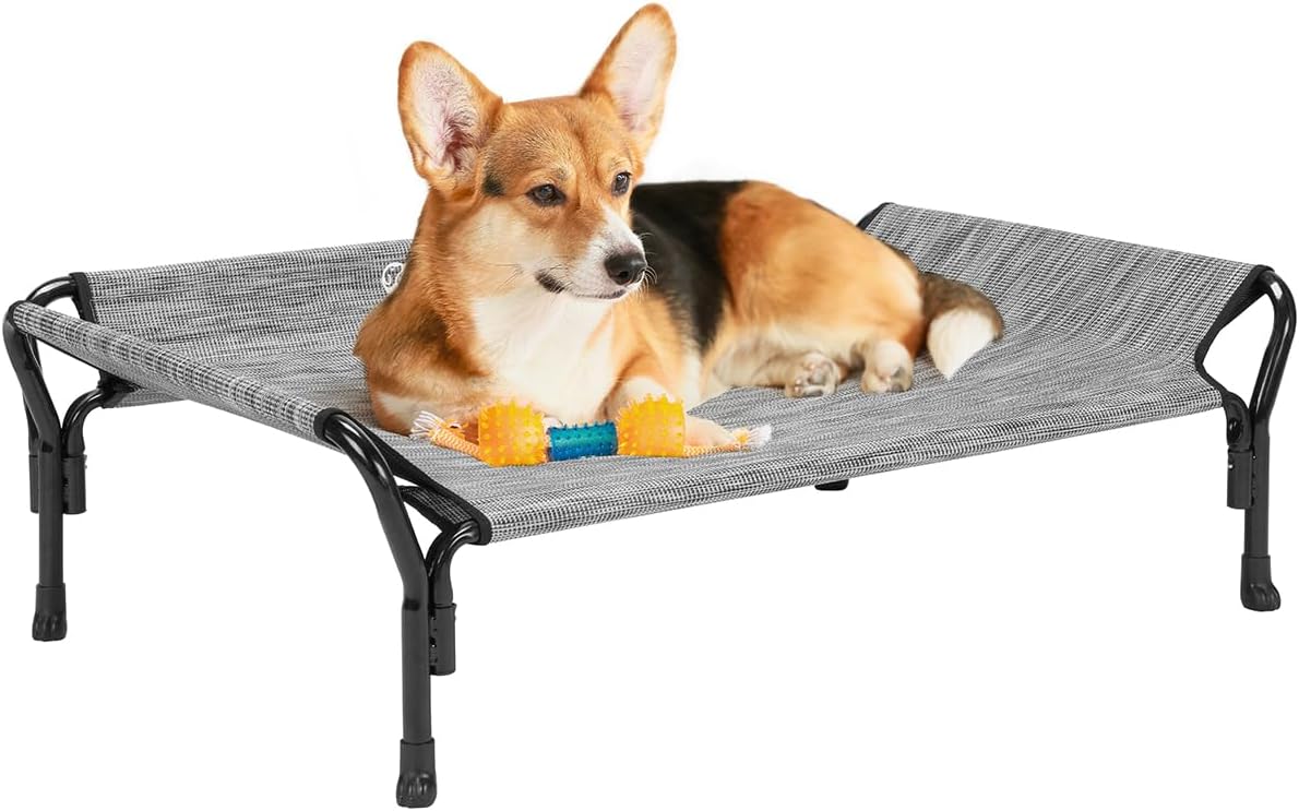 Veehoo Cooling Elevated Dog Bed, Raised Pet Cot with Guardrail & Slope Headrest, Durable Breathable Teslin Mesh, Non-Slip Feet, Washable Dog Couch Bed for Indoor & Outdoor, 39.5" x 28", Black Silver