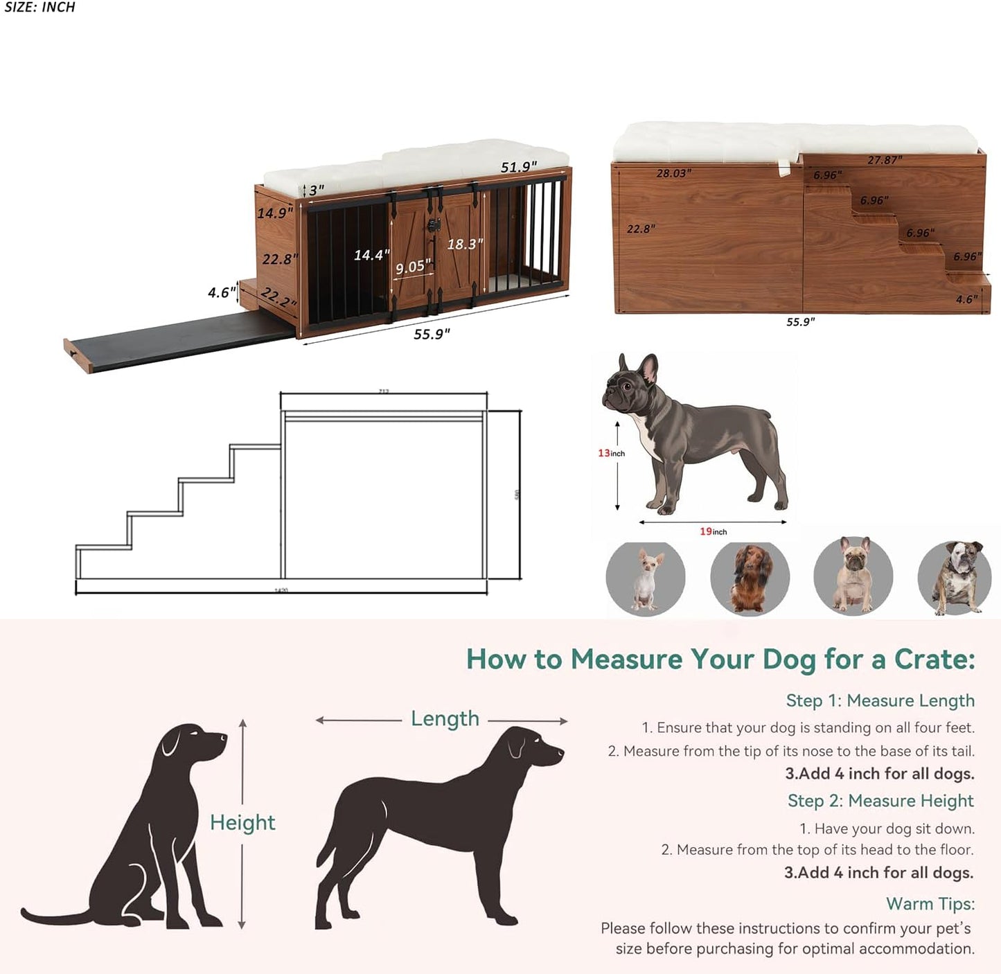 56" L Dog Crate Furniture with Padded Seat, End of Bed Bench Ottoman with Cushion, Wooden Dog Kennel with Pet Stairs & Sliding Barn Door for Bedroom, Living Room, Walnut