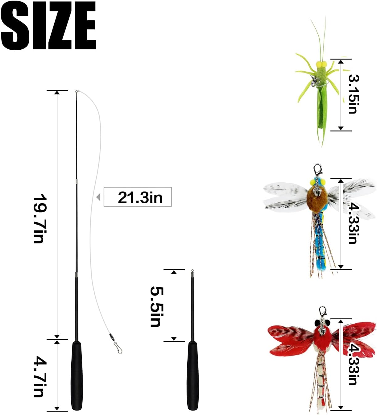 TTcat Cat Feather Wand Toys,Retractable Wand Toy with 3 Simulation Insects Refills, Transparent Carbon Wire,Interactive Cat Toy Kitten Toy for Indoor Cats to Play Chase Exercis